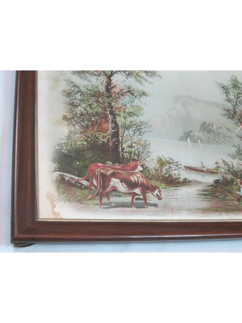 Antique RAYMOND Litho Art Print Country Lake Mountain Cattle Boat 22x18 Framed